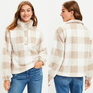 LOFT Petite Plaid Sherpa Snap Collar Top Beige